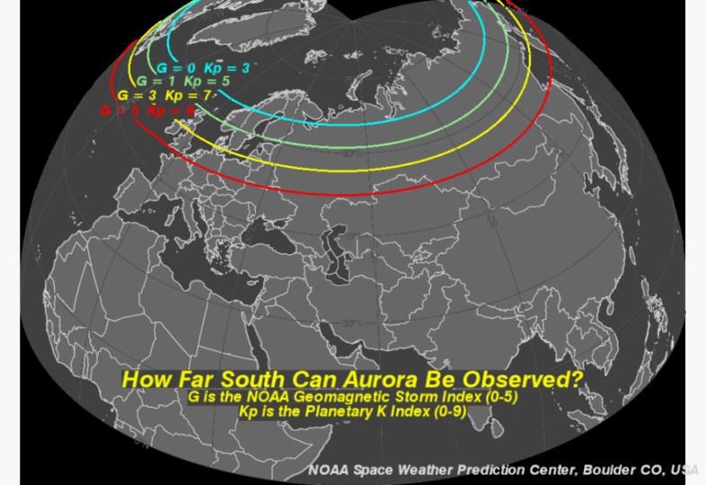 Sichtbarkeit der Polarlichter auf der Nordhalbkugel anhand der geomagnetischen Aktivität - https://www.swpc.noaa.gov/