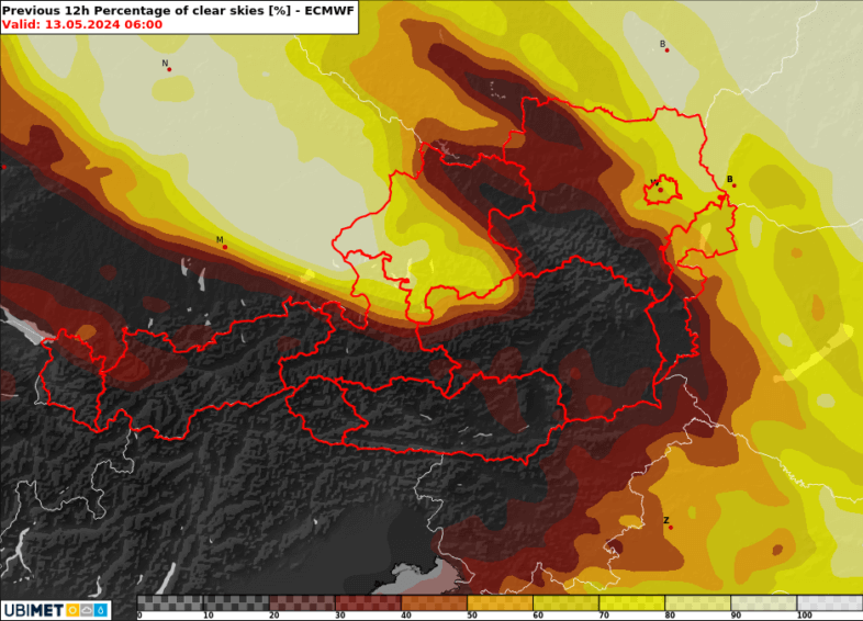 12-stündige Prognose des Bedeckungsgrades des Himmels für die Nacht auf Montag (gelbliche Töne = häufig klar) - UBIMET, ECMWF IFS Modell