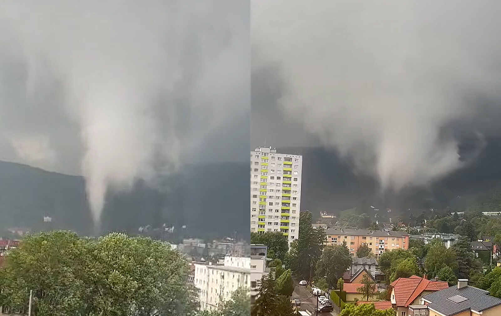 Tornado in Graz - Videoscreenshots. Quelle Stefanie Filzmoser via Facebook/uwz.at & @herr.wolke