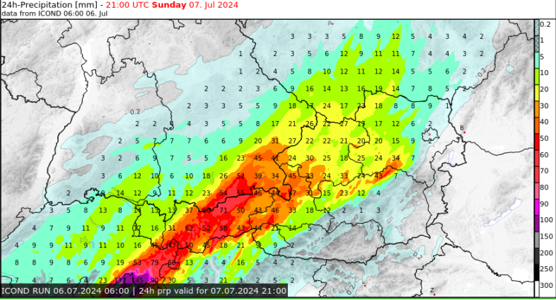 Prognostizierte Regenmenge [l/m²] in 24 Stunden bis Sonntagnacht - DWD ICON-D2 Modell, UBIMET