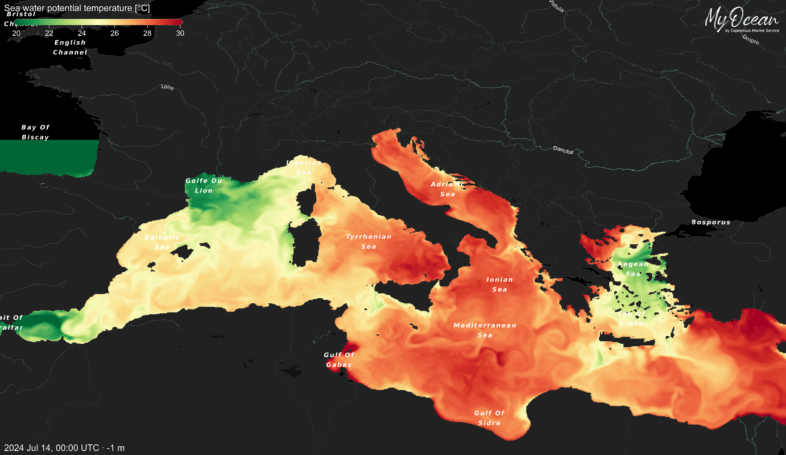 Aktuelle Wassertemperaturen knapp unter der Oberfläche im Mittelmeerraum - https://marine.copernicus.eu/