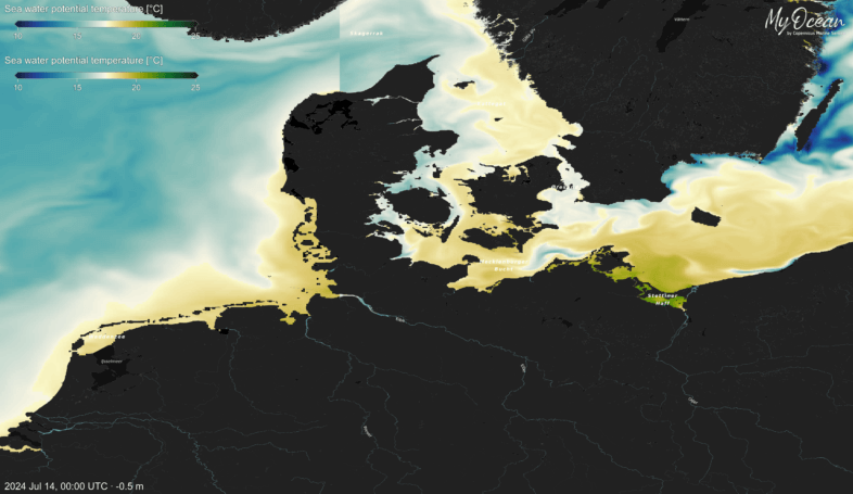 Aktuelle Wassertemperaturen knapp unter der Oberfläche zwischen Nord- und Ostsee - https://marine.copernicus.eu/