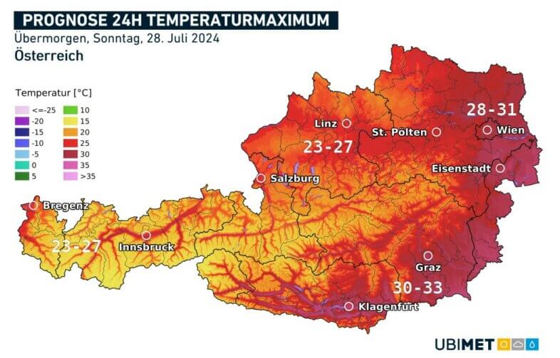 Prognose der Temperaturhöchstwerte am Sonntag - UBIMET