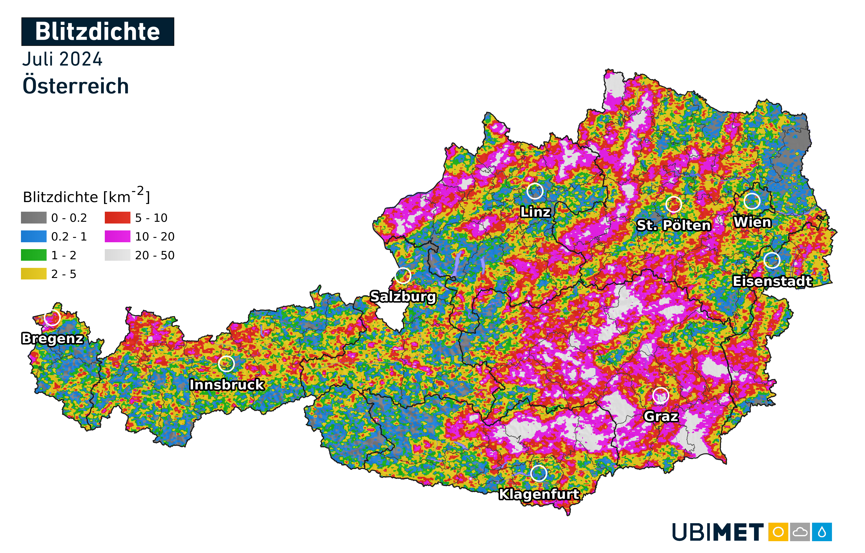 Blitzdichte im Juli 2024 in Österreich. Die höchste Blitzdichte gab es in der Steiermark. | © Nowcast/UBIMET