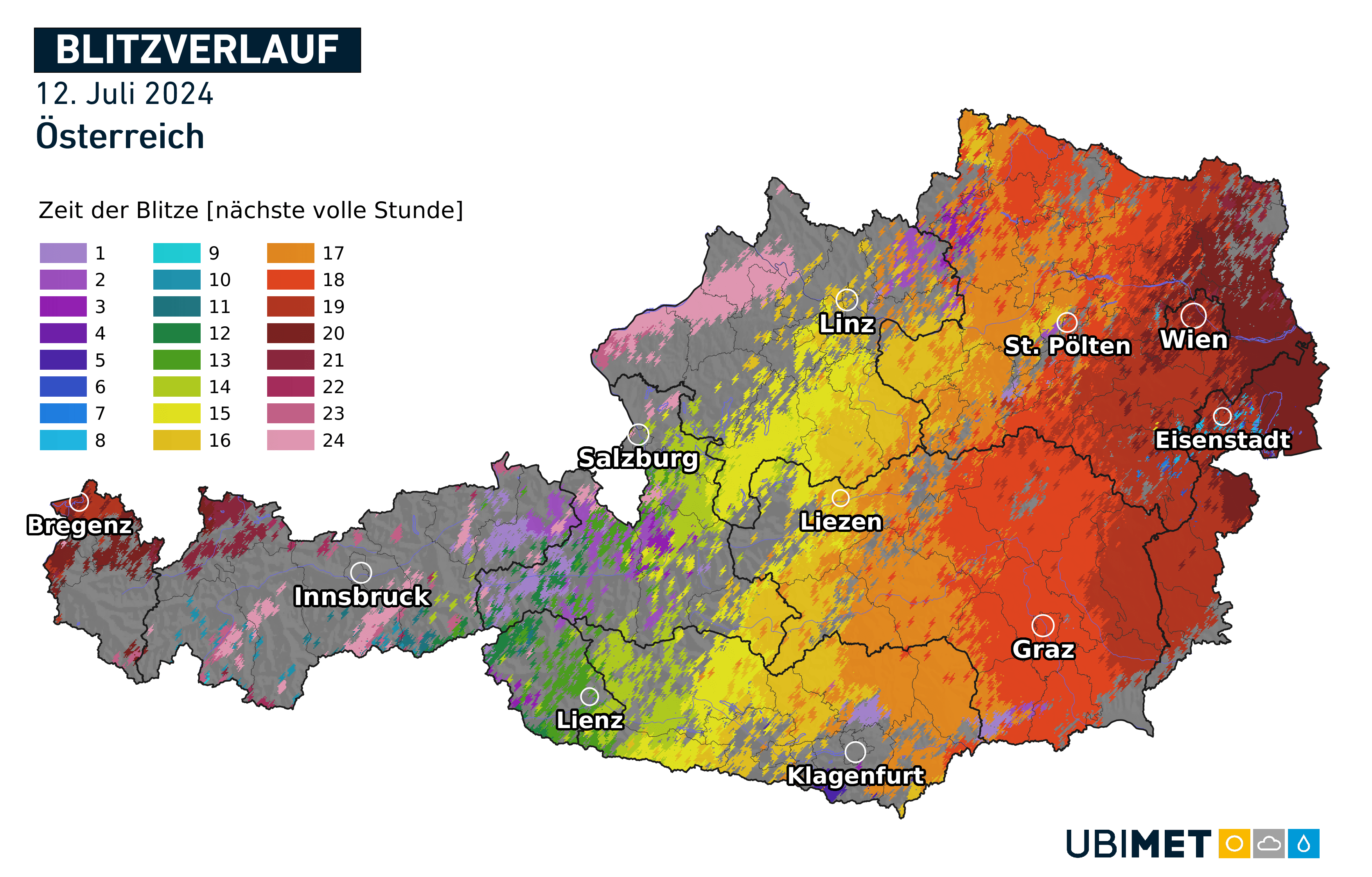 Blitzverlauf am 12.07.2024 - dem blitzreichsten Tag im Juli. | © Nowcast/UBIMET