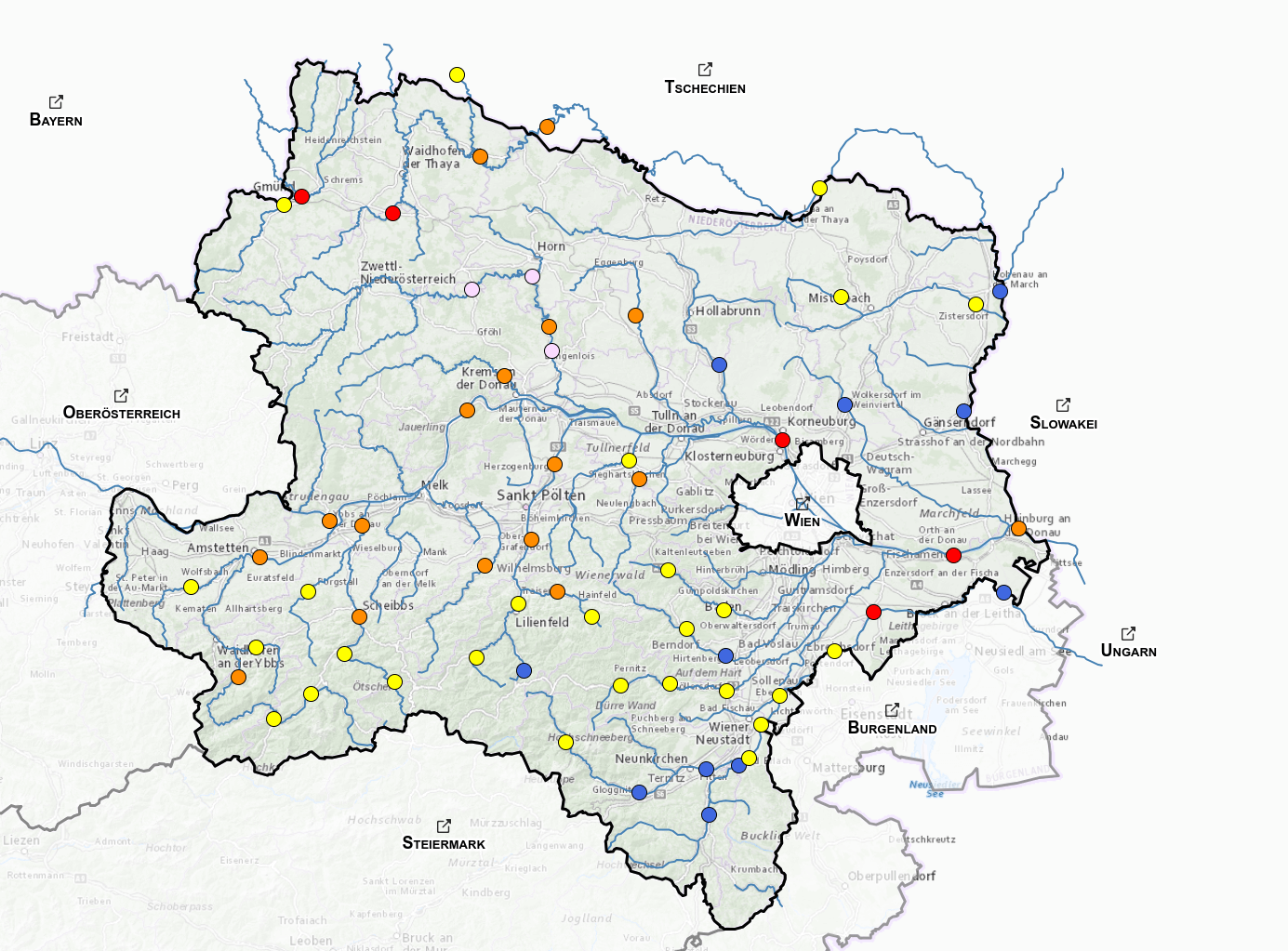 Aktuelle Durchflussprognose des Landes Niederösterreich - HQ1=Gelb, HQ5=Orange, HQ30+=Rot | https://www.noel.gv.at/wasserstand/#/de/Messstellen/Map/DurchflussPrognose