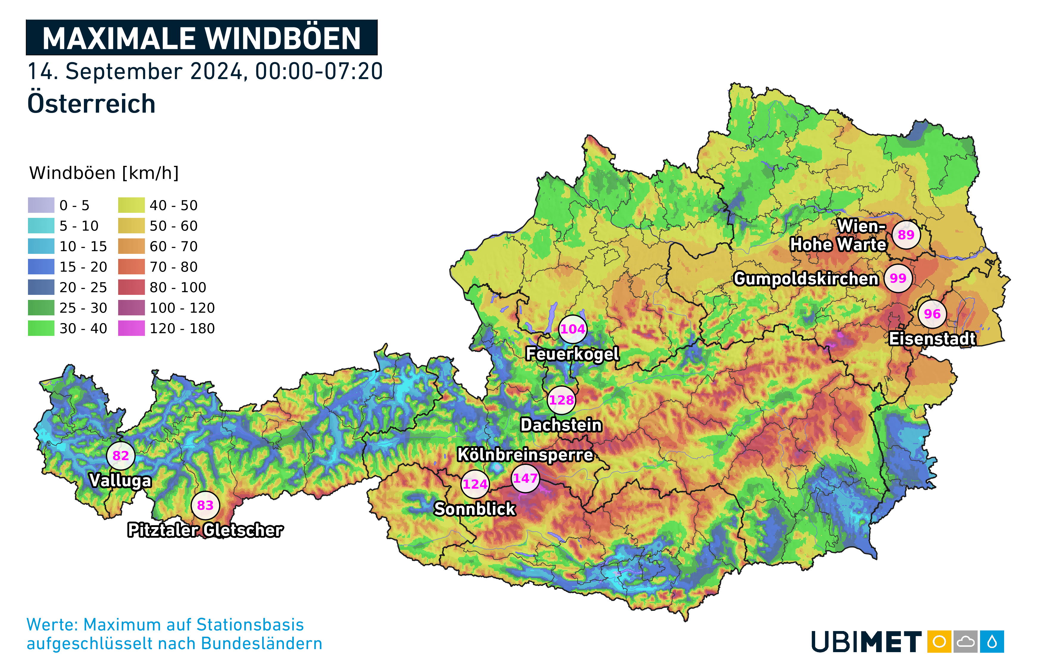 Maximale Windböen seit Mitternacht | UBIMET