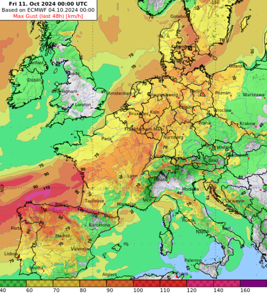 Prognose der maximalen Windböen in km/h am Mittwoch und Donnerstag laut aktuellem Hauptlauf von ECMWF IFS