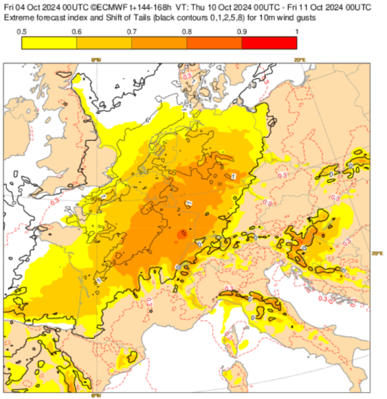 EFI Prognose der Windböen am Donnerstag über Deutschland (Der EFI-Parameter zeigt an, wie wahrscheinlich und wie außergewöhnlich die Böen sein könnten, ein Wert von über 0.9 ist extrem) - ECMWF EPS