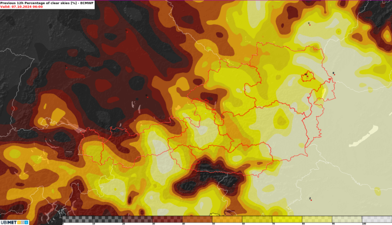 Anteil an klarem Himmel über 12 Stunden in Prozent (gelb = wenig wolken), Prognose für die Nacht auf Montag - UBIMET, ECMWF IFS