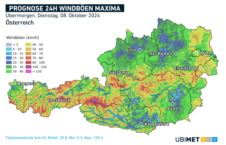 Prognose der maximalen Windböen in km/h am Dienstag - UBIMET