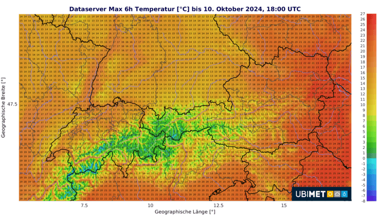 Prognose der Temperaturmaxima für den Donnerstag - UBIMET