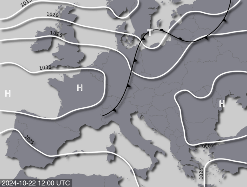 Bodendruck- und Frontenkarte für Dienstag, 22. Oktober, 14 Uhr MESZ (Quelle: UBIMET)