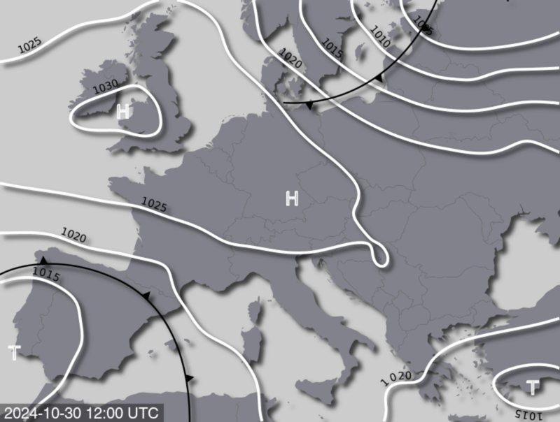 Bodendruck- und Frontenkarte für Dienstag, 30. Oktober, 13 Uhr MEZ (Quelle: UBIMET)