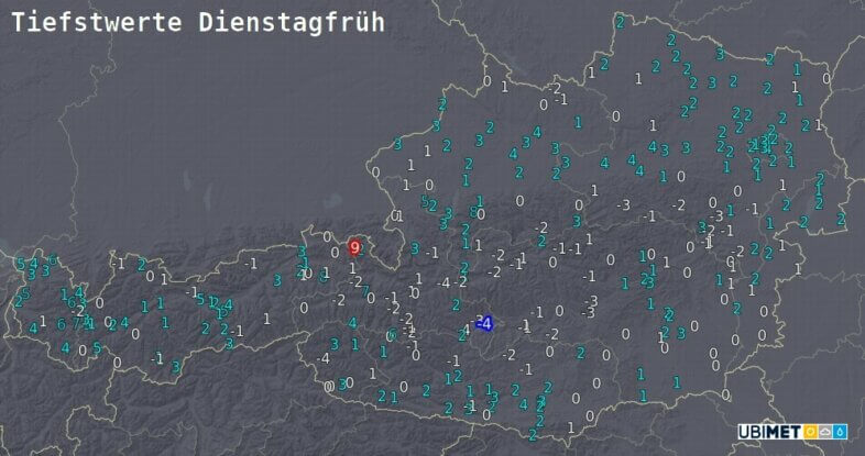 Prognose der Temperaturminima in °C für Dienstagmorgen - UBIMET