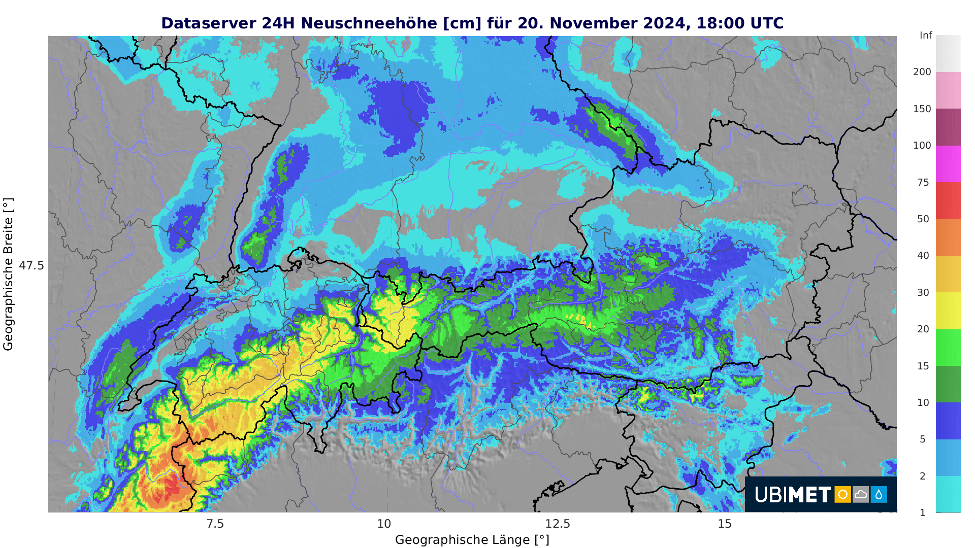 Neuschneeprognose für den Mittwoch - Besonders auf den Bergen kommen einige Zentimeter Neuschnee zusammen | UBIMET 