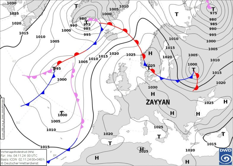 Großwetterlage am Montag. Das ausgeprägte Hoch ZAYYAN liegt mit seinen Kernen genau über dem Osten Österreichs - DWD