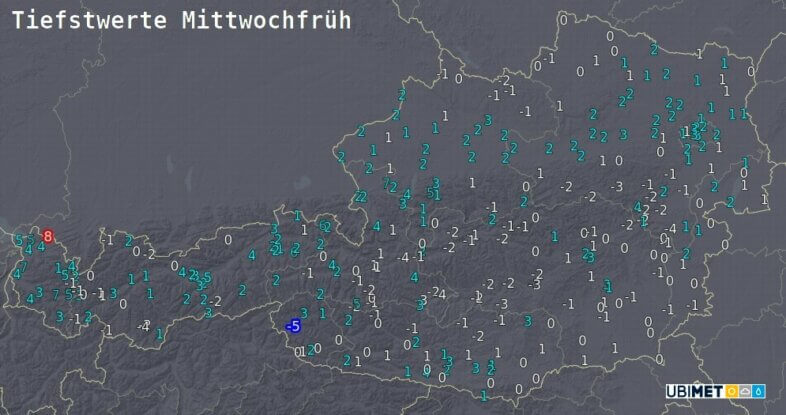 Prognose der Temperaturminima in °C für Mittwochmorgen - UBIMET