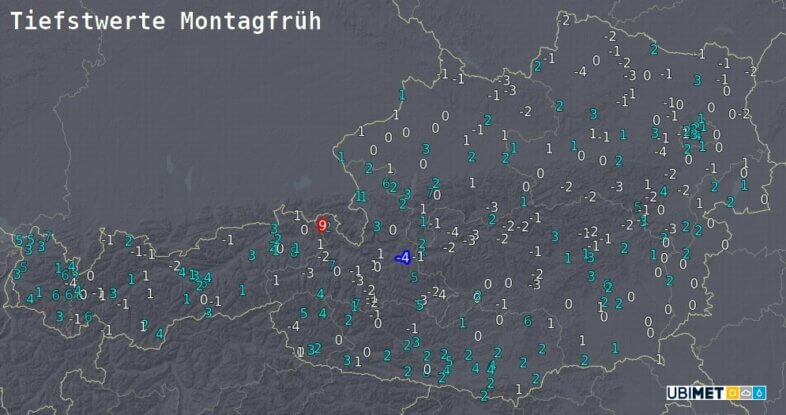 Prognose der Temperaturminima in °C für Montagmorgen - UBIMET