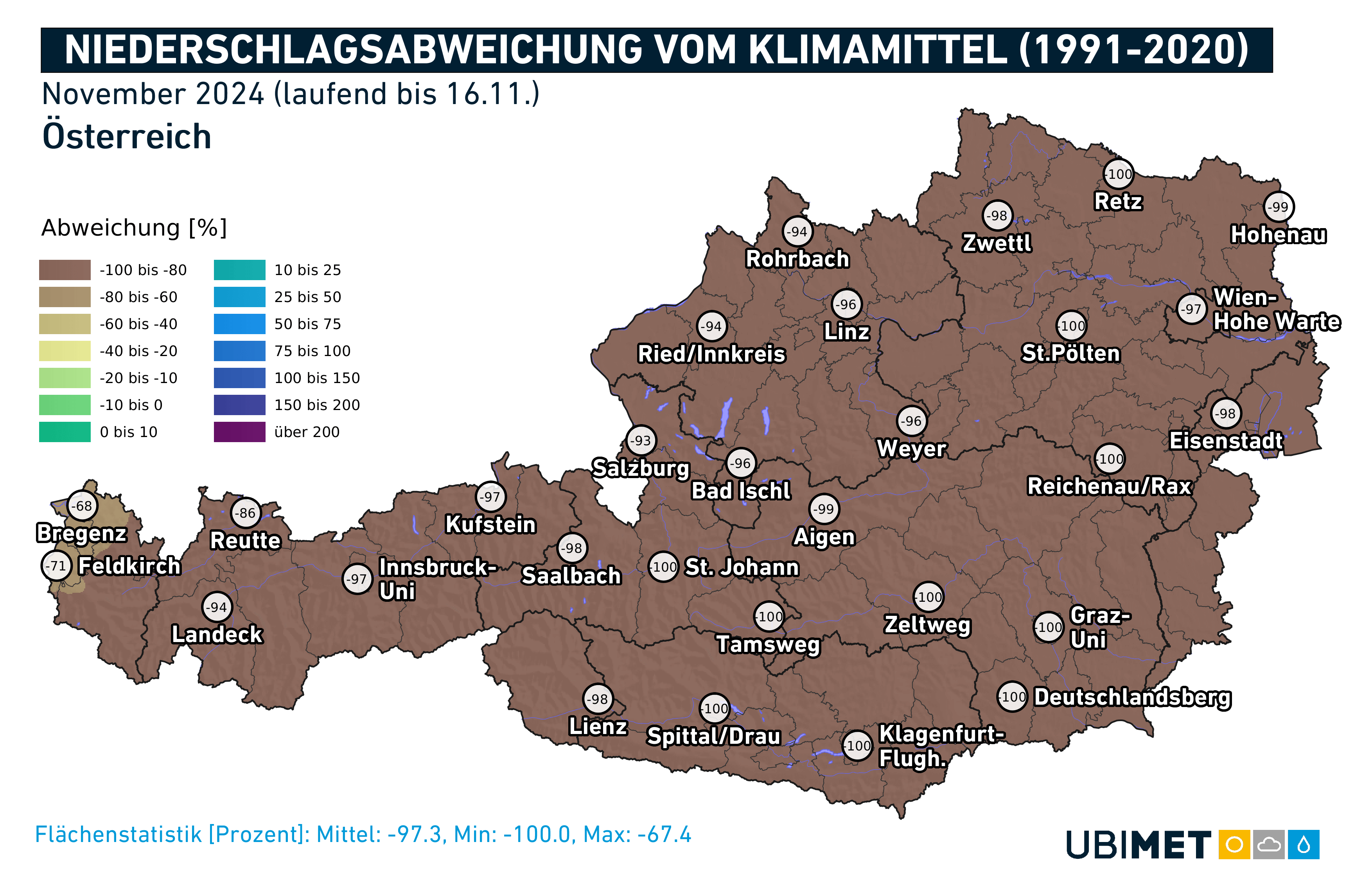 Niederschlagsabweichung vom Klimamittel im bisherigen November - in Teilen des Landes gab es bislang noch gar keinen Niederschlag | UBIMET