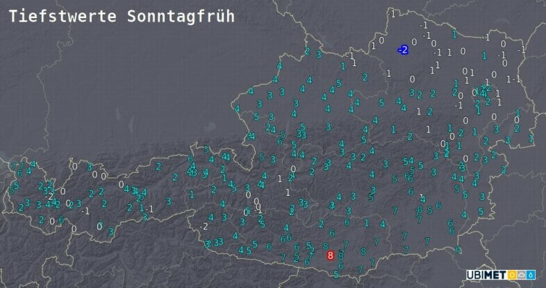 Prognose der Temperaturminima in °C für Sonntagmorgen - UBIMET