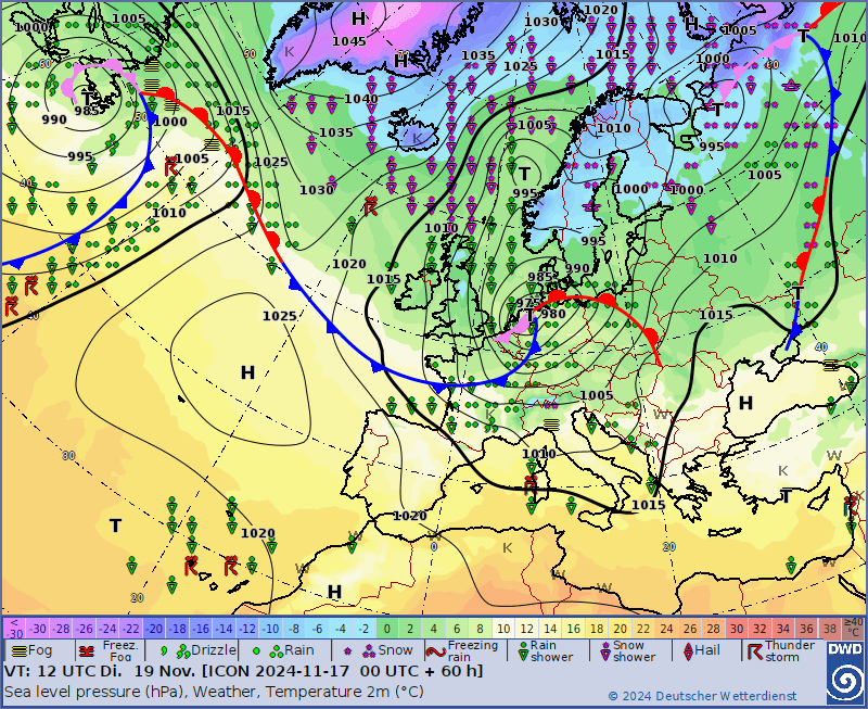 Prognose der Bodendruck- und Frontenkarte für Dienstag, den 19. November, 13 Uhr MEZ - Ein kräftiges Sturmtief über Deutschland sorgt für zunehmend turbulentes Wetter | DWD