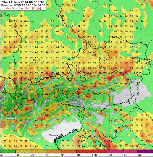 Aktuelle Prognose der maximalen Windböen am Mittwoch - Besonders an der Alpennordseite ist mit Sturm zu rechnen | ICON