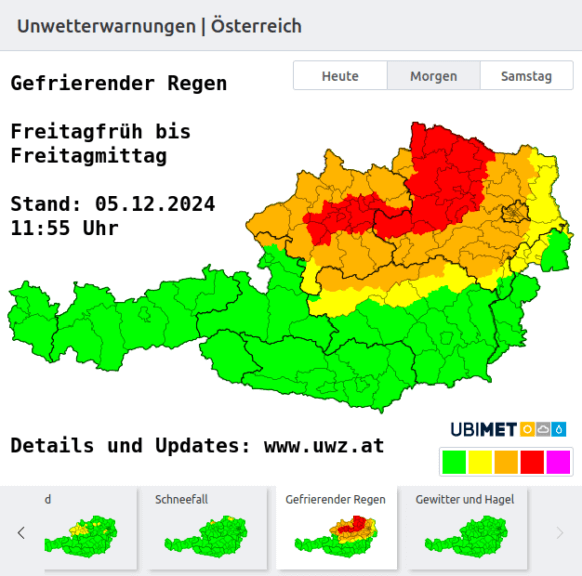 Lage der Warnungen für gefrierenden Regen am Donnerstagnachmittag - Updates auf www.uwz.at