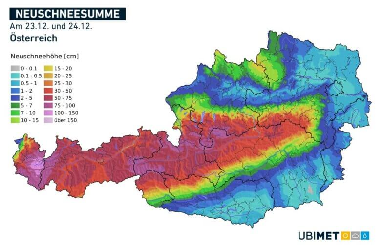 Prognostizierte Neuschneesumme am 23.12. und 24.12.2024 - UBIMET