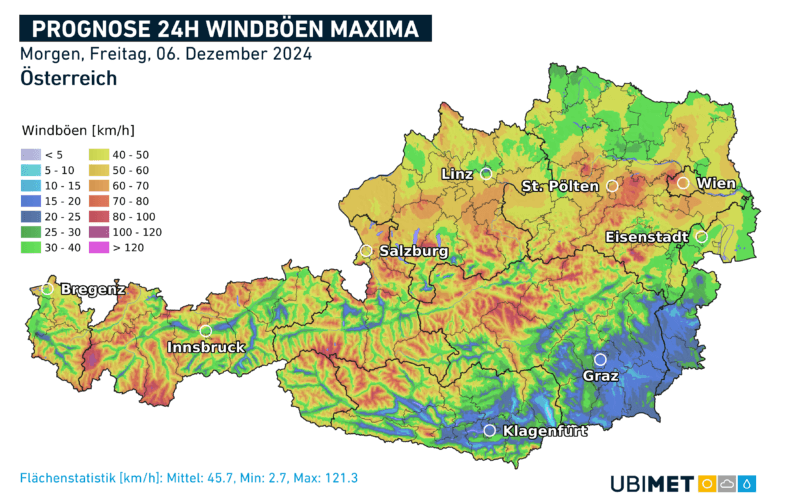 Prognose der maximalen Windböen am Freitag in Kilometern pro Stunde (km/h) - UBIMET