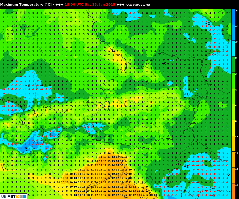 Höchstwerte am Samstag nach dem ICON-Modell. Im Dauergrau verharren die Temperaturen um den Gefrierpunkt, in den mittleren Höhenlagen wird es sehr mild.