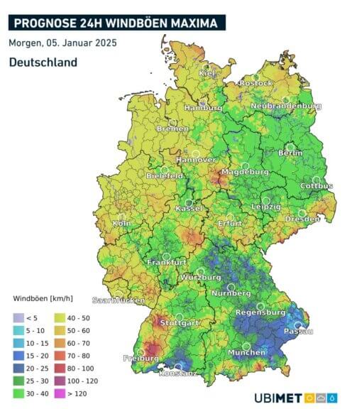 Prognose der maximalen Windböen in km/h am Sonntag - UBIMET