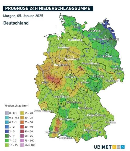 Prognose der Niederschlagssumme in mm oder l/m² für den Sonntag - UBIMET