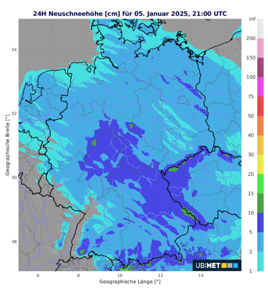 Prognose der Neuschneemenge in cm am Sonntag - UBIMET