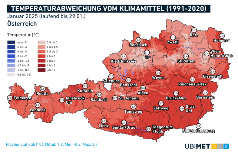 Abweichung der 2 Meter Mitteltemperatur im Jänner 2025 - UBIMET