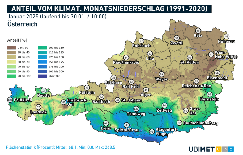 Abweichung der Niederschlagssumme im Jänner 2025 - UBIMET