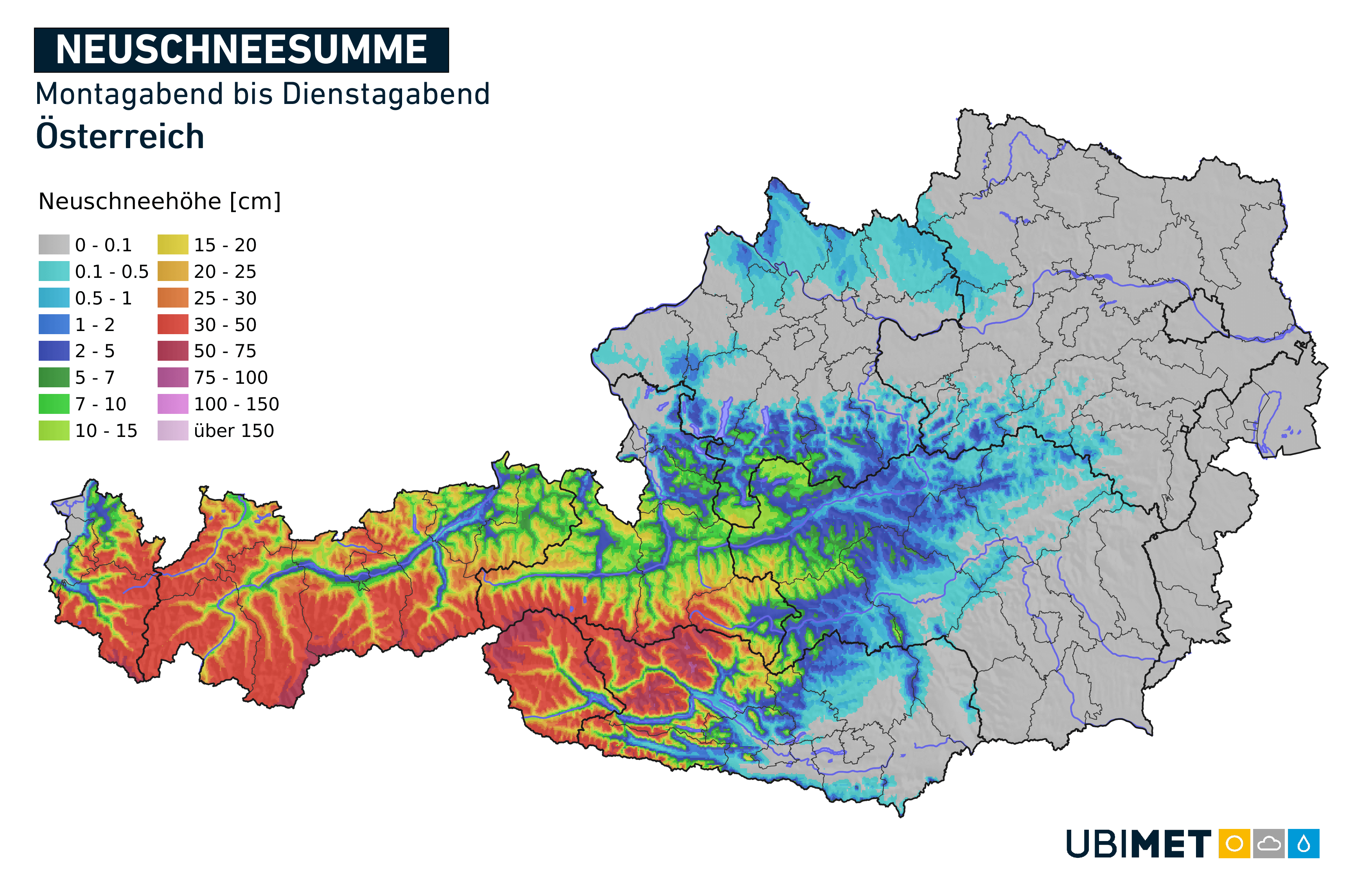 Neuschneesumme von Montagabend bis Dienstagabend in Österreich © UBIMET