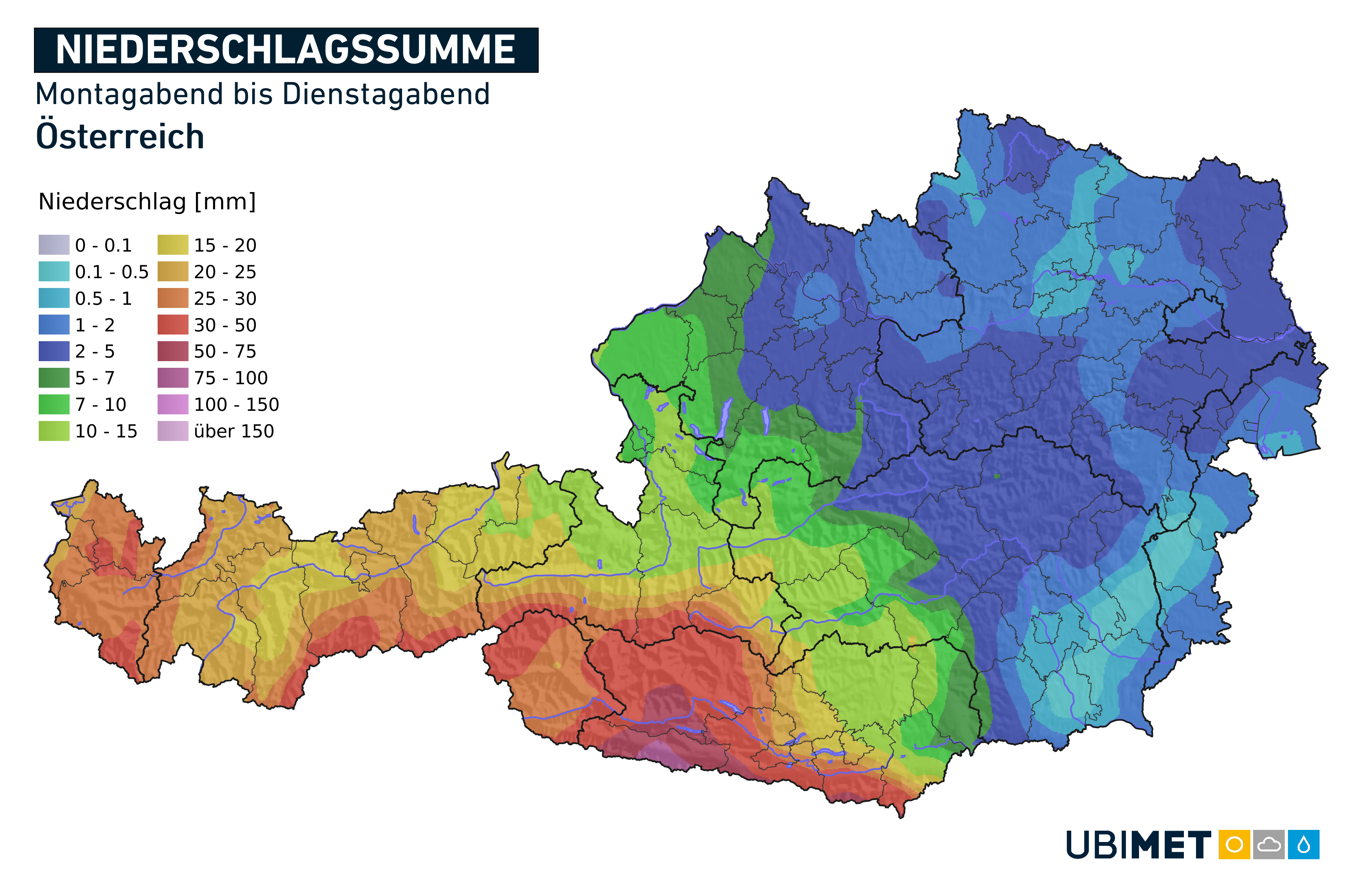 Niederschlagssumme von Montagabend bis Dienstagabend in Österreich © UBIMET