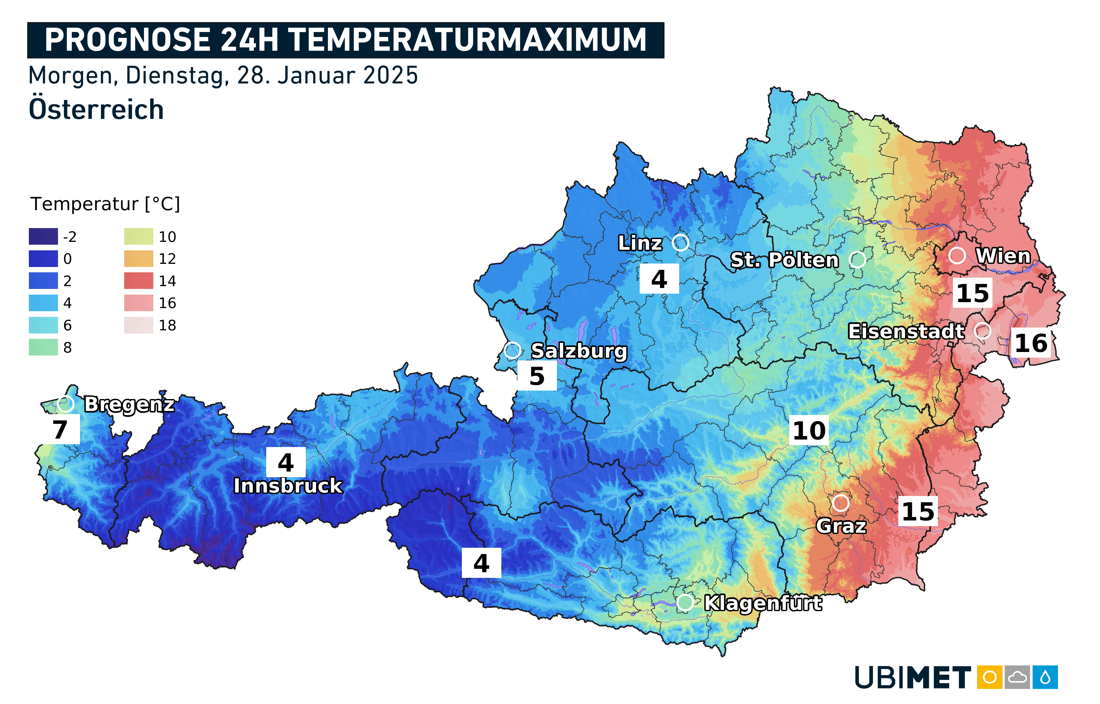 Prognose der Höchstwerte am Dienstag. Große Unterschiede von West nach Ost, zwischen Winter und Frühling. © UBIMET