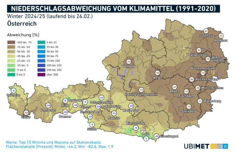 Niederschlagsabweichung vom Klimamittel 1991-2020 im Winter 2024/2025 - UBIMET