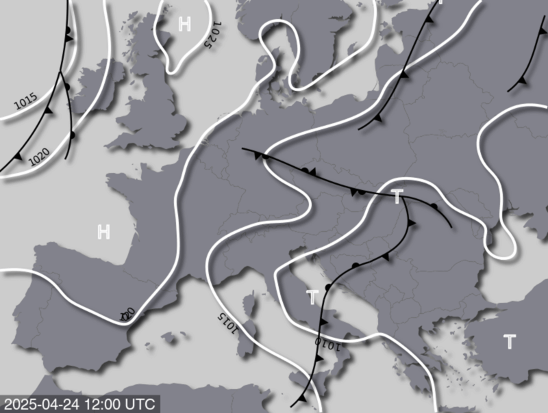 Bodendruck- und Frontenkarte für Donnerstag, 24. April 2025, 14 Uhr MESZ (Quelle: UBIMET)