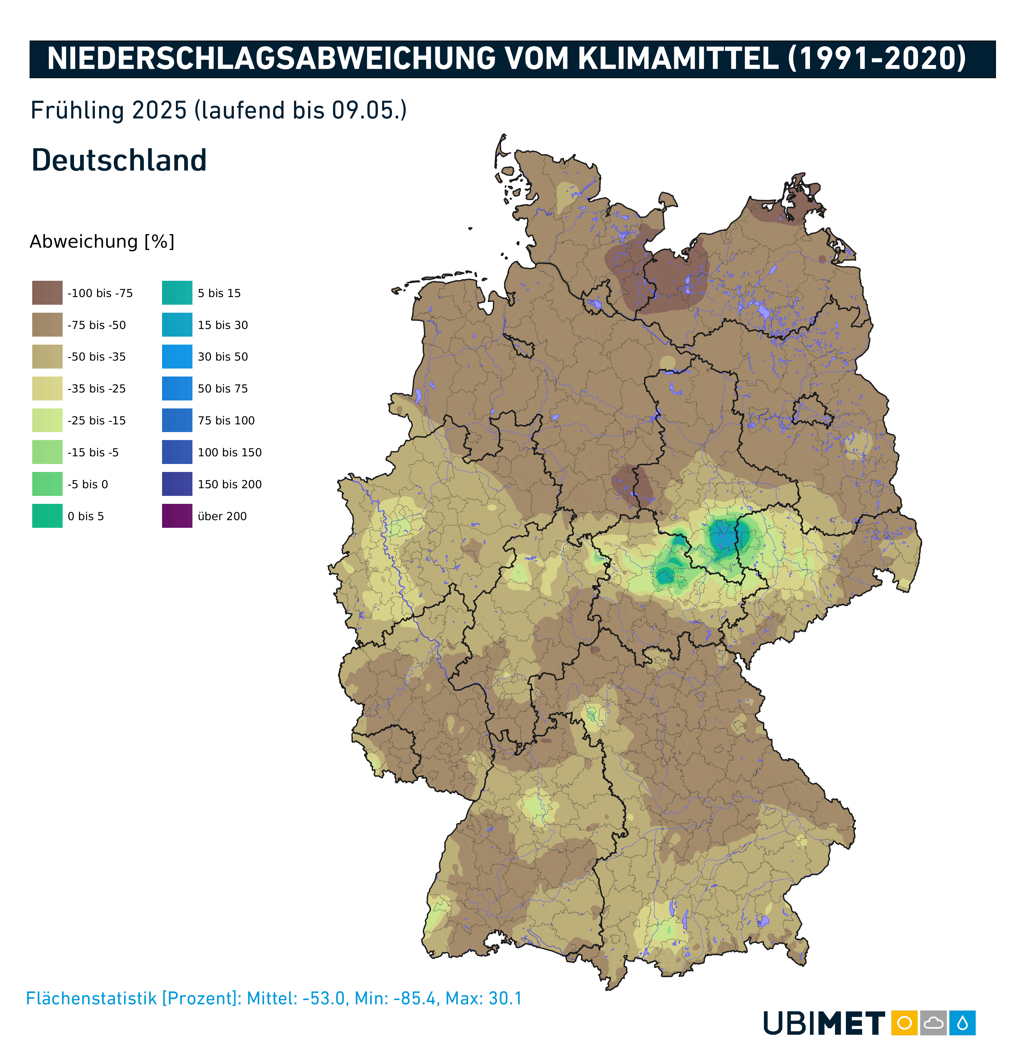 Niederschlagsabweichung in Deutschland im Frühling 2025, Stand 09.05.2025. Deutschlandweit ist bislang nur die Hälfte des im Mittel üblichen Niederschlags gefallen, besonders im Norden sogar teils nur knapp 10 Prozent. Die Trockenheit spitzt sich zu. | UBIMET