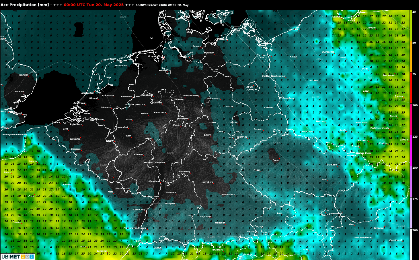 Akkumulierte Niederschlagsprognose des ECMWF-Modells für die kommenden 10 Tage in Deutschland. De facto bleibt es verbreitet trocken, ergiebiger Regen ist ohnehin weit und breit nicht in Sicht. Die Trockenheit verschärft sich weiter. | © ECMWF