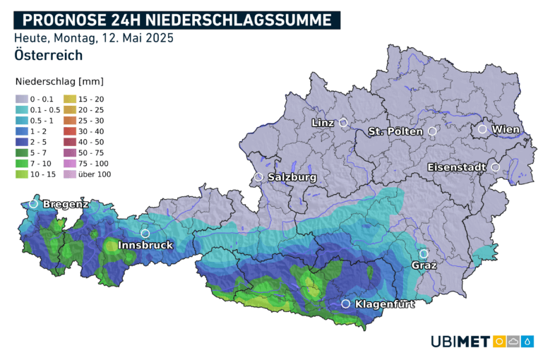 Prognose der Niederschlagssumme (meist durch Schauer und Gewitter) am Montag - UBIMET
