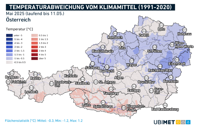 Temperaturanomalie für Mai 2025 bis zum 11.05.2025 - UBIMET