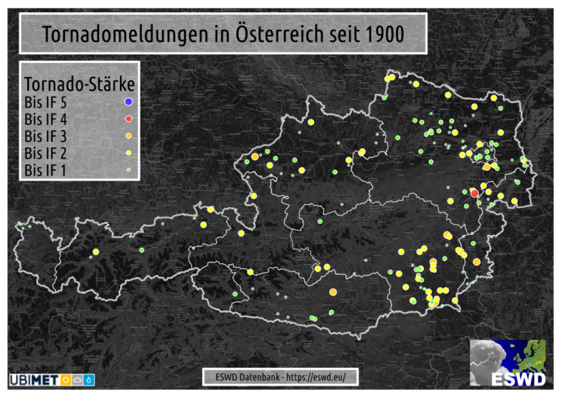Verteilung aller Tornado-Meldungen in Österreich seit 1900 anhand der ESWD-Datenbank - https://eswd.eu/cgi-bin/eswd.cgi