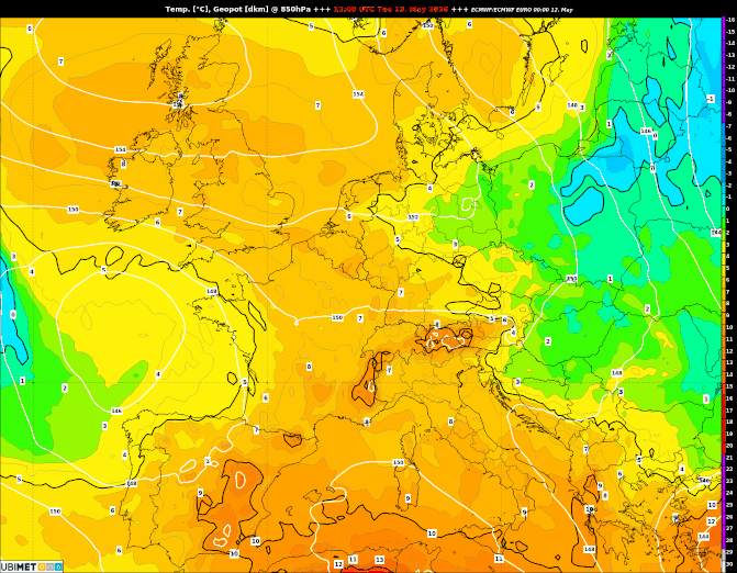 Animation der Temperatur in rund 1500 m Höhe (blau = kalt, orange = warm) von Dienstag bis Samstag - UBIMET, ECMWF IFS