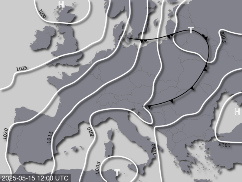 Bodendruck- und Frontenkarte für Donnerstag, 15. Mai 2025, 14 Uhr MESZ (Quelle: UBIMET)