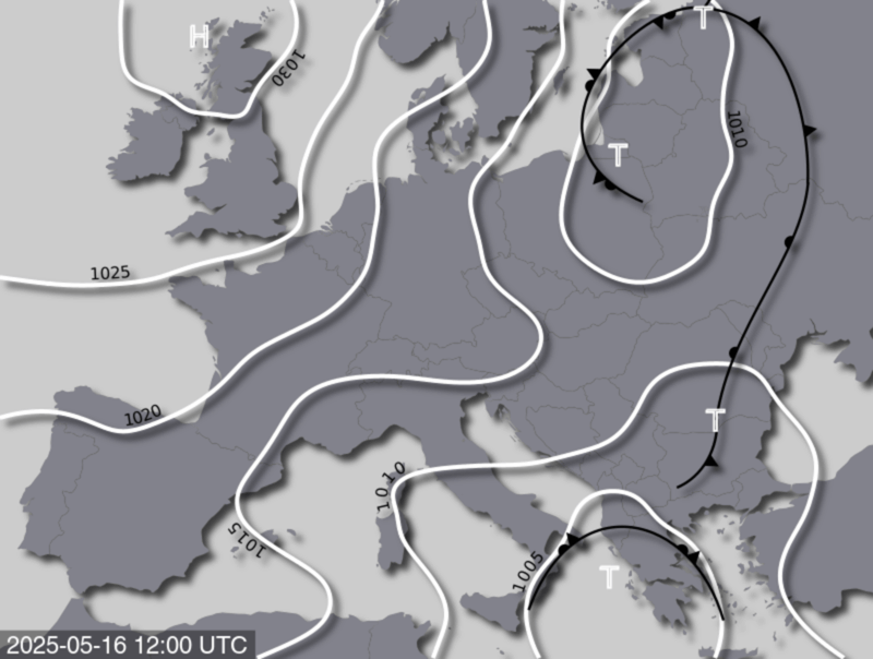 Bodendruck- und Frontenkarte für Freitag, 16. Mai 2025, 14 Uhr MESZ (Quelle: UBIMET)