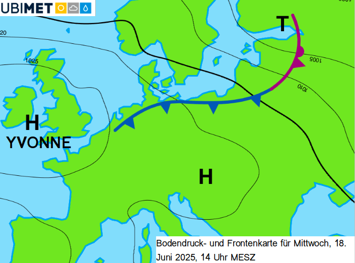 Bodendruck- und Frontenkarte für Mittwoch, 18. Juni 2025, 14 Uhr MESZ (Quelle: UBIMET)